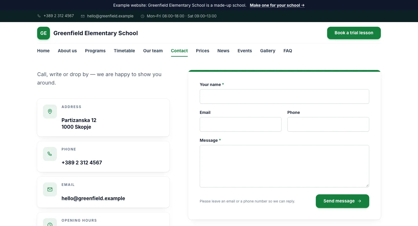 Contact page of an example school website: address, phone, email and opening hours on the left, a short message form on the right