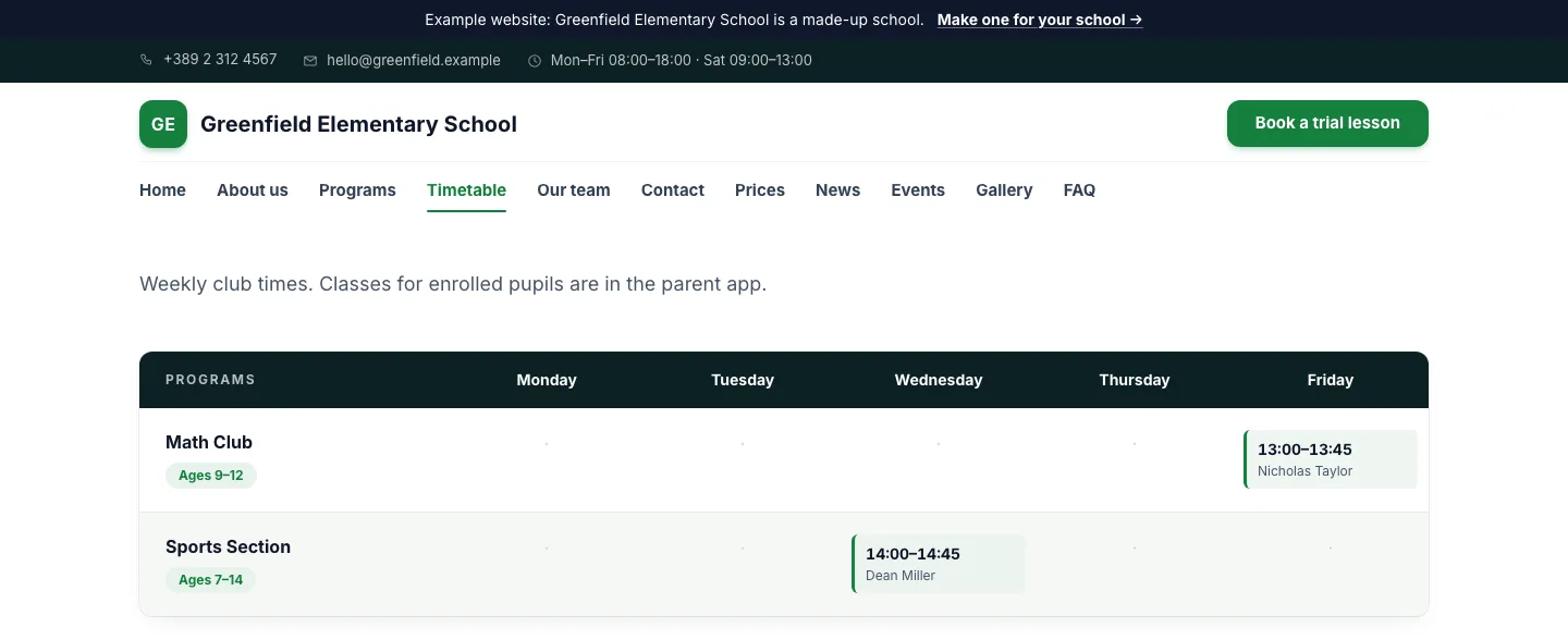 Timetable page of an example school website: a weekly table with Math Club on Friday 13:00 to 13:45 and Sports Section on Wednesday 14:00 to 14:45, each with the age group and teacher