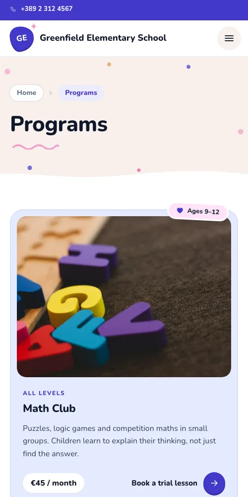 The Programs page of an example school website on a phone, with the monthly price and a "Book a trial lesson" button