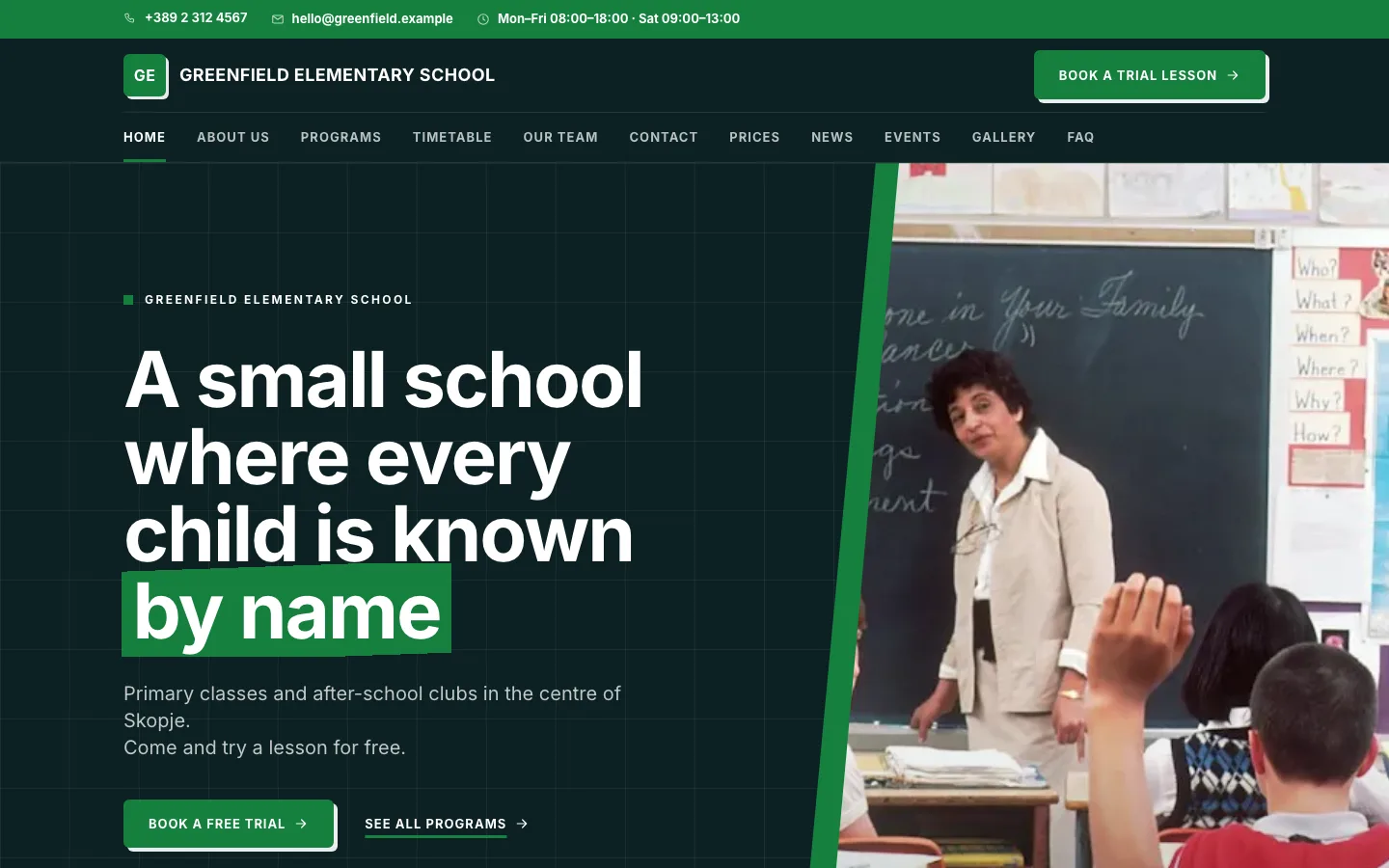 Example school website in the Bold design: a dark homepage with uppercase navigation, a highlighted headline and a large photo