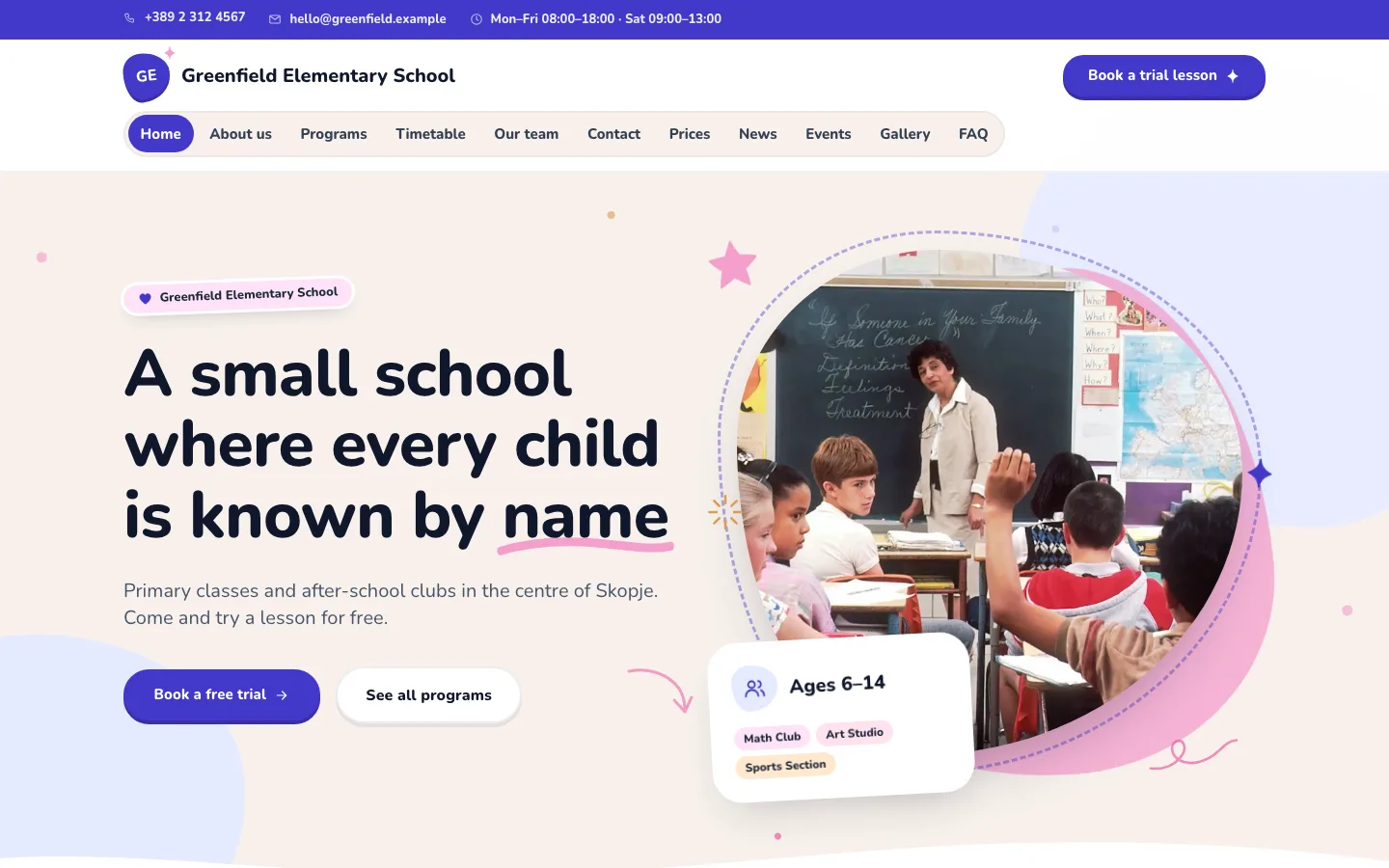 Example school website in the Playful design: soft colours, rounded shapes and a classroom photo in a circle