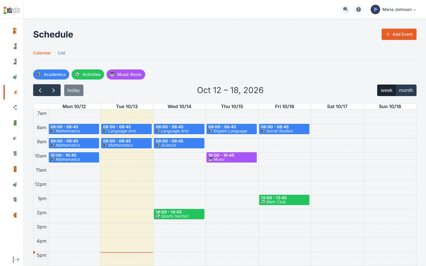 A week of lessons in the Edunation timetable